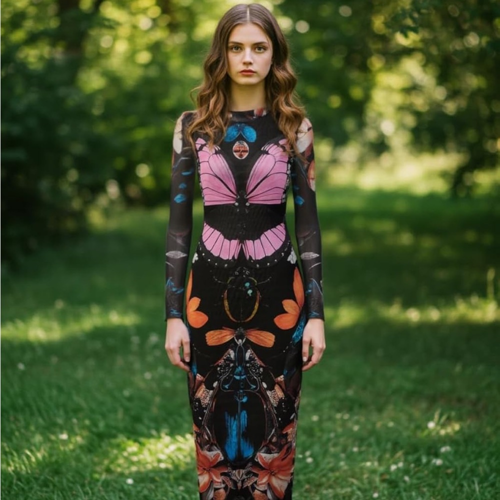 JW PEI Multicolor Insect Print Long Sleeve Dress - Picture 2 of 6